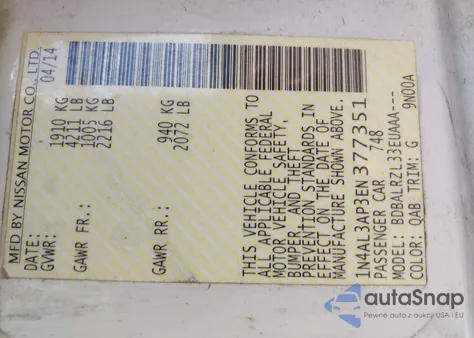 2014 Nissan Altima 2.5/2.5 S/2.5 Sl/2.5 Sv from USA, damaged, VIN 1N4AL3AP3EN377351